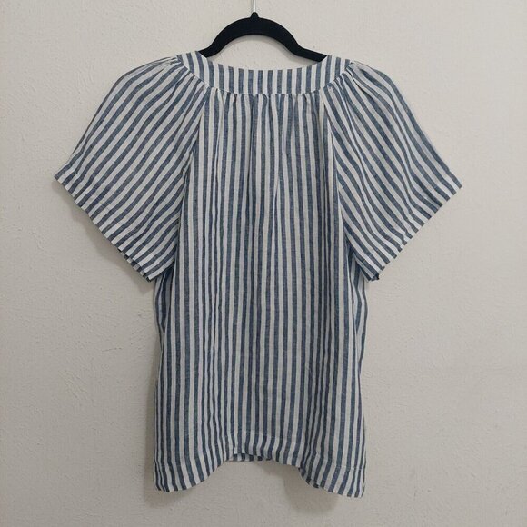 J Crew Flutter-Sleeve Linen Top Womens Sz S Navy Blue White Stripe V-Neck Beach - Picture 10 of 13